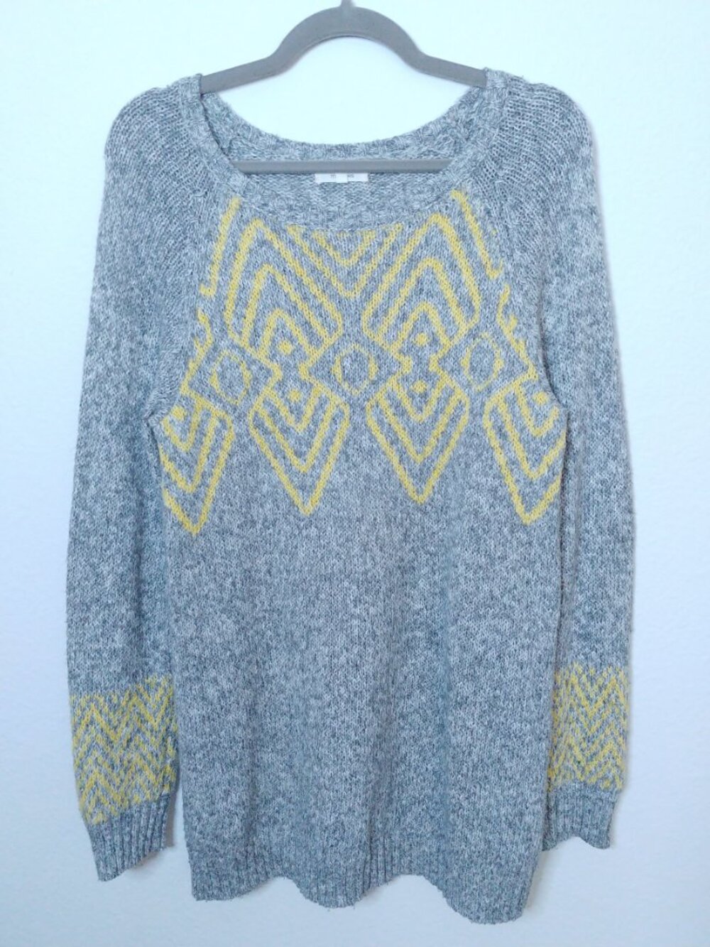 Maurices Gray and Yellow Geometric Pattern Long Sweater